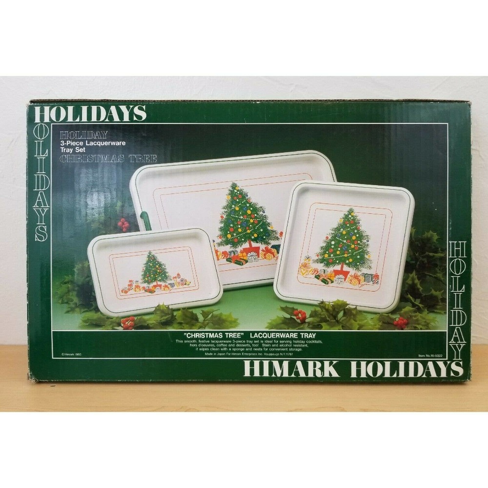 Vintage Himark Holiday 3-Piece Lacquerware Tray Set Holly Design Christmas 1985